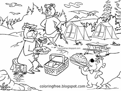 Teddy bears picnic campground USA family resort Jellystone Yogi Cindy cute bear coloring book pages