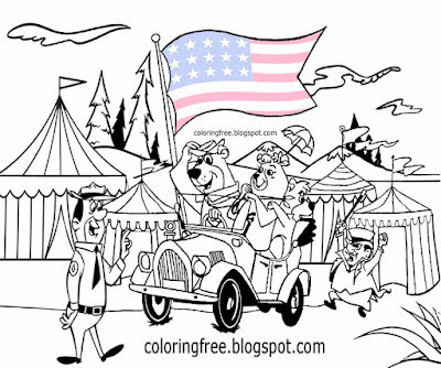 Characters Boo Boo and Yogi Bear coloring pages US campground big top tents kids cartoon circus car